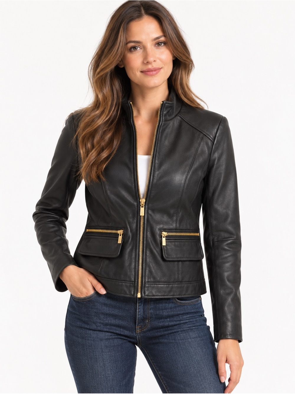 Cole Haan Black Lambskin Leather Zip Front Jacket Gold Hardware Size Medium